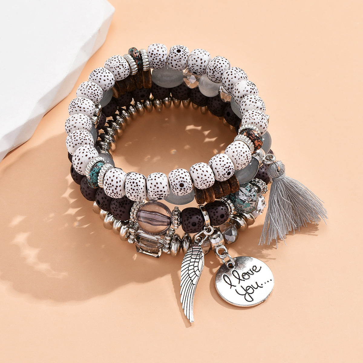 Stackable Leaf Charm Beaded Bracelet - Gray · Standard