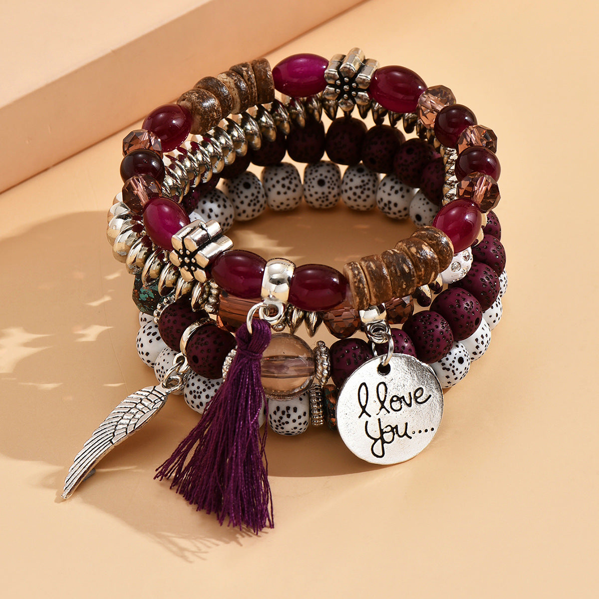 Stackable Leaf Charm Beaded Bracelet - Purple · Design 01
