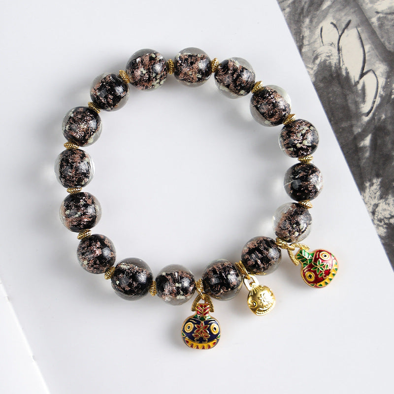 Incense Ash Glass Bead Bracelet - Ash Black Porcelain · Fortune Motif · 10 mm