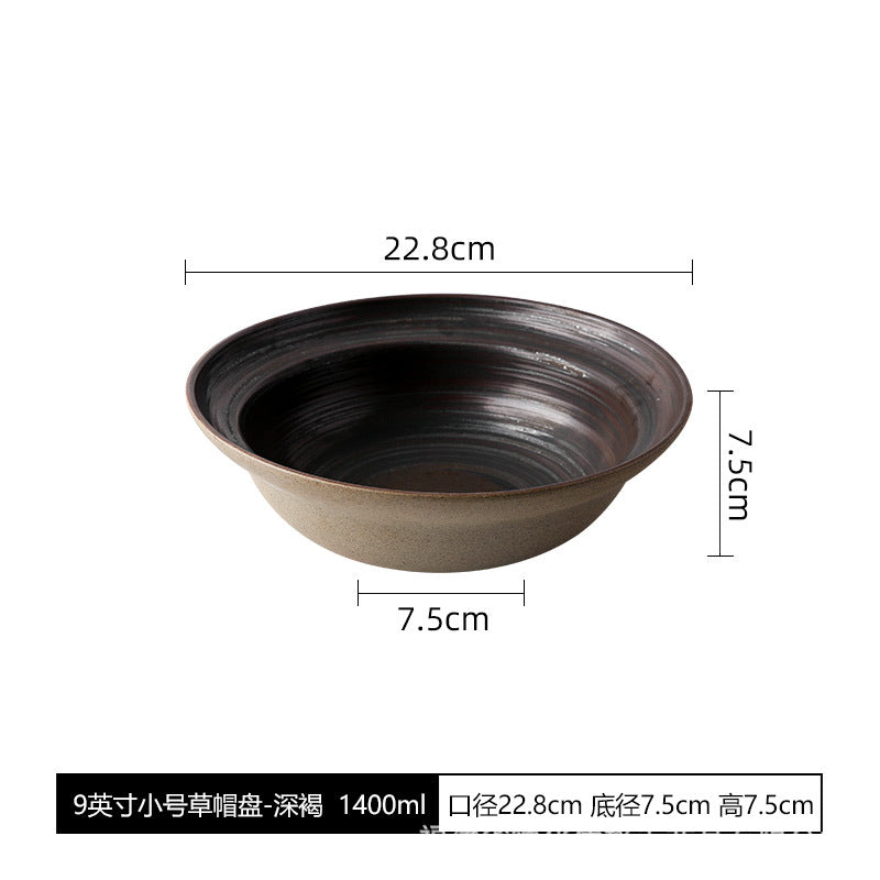 Rustic Straw-Hat Ceramic Tableware - 9-inch Straw-Hat Plate - Dark Brown
