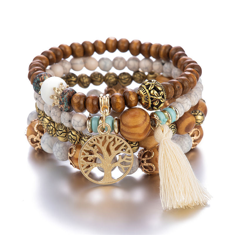 Stackable Leaf Charm Beaded Bracelet - Beige · Design 02