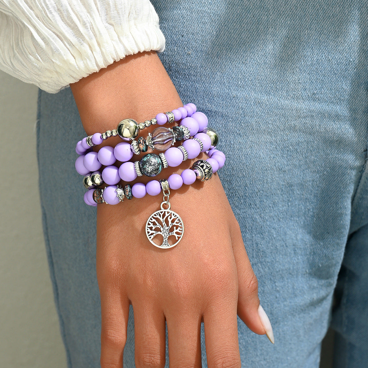 Stackable Leaf Charm Beaded Bracelet - Purple · Design 02
