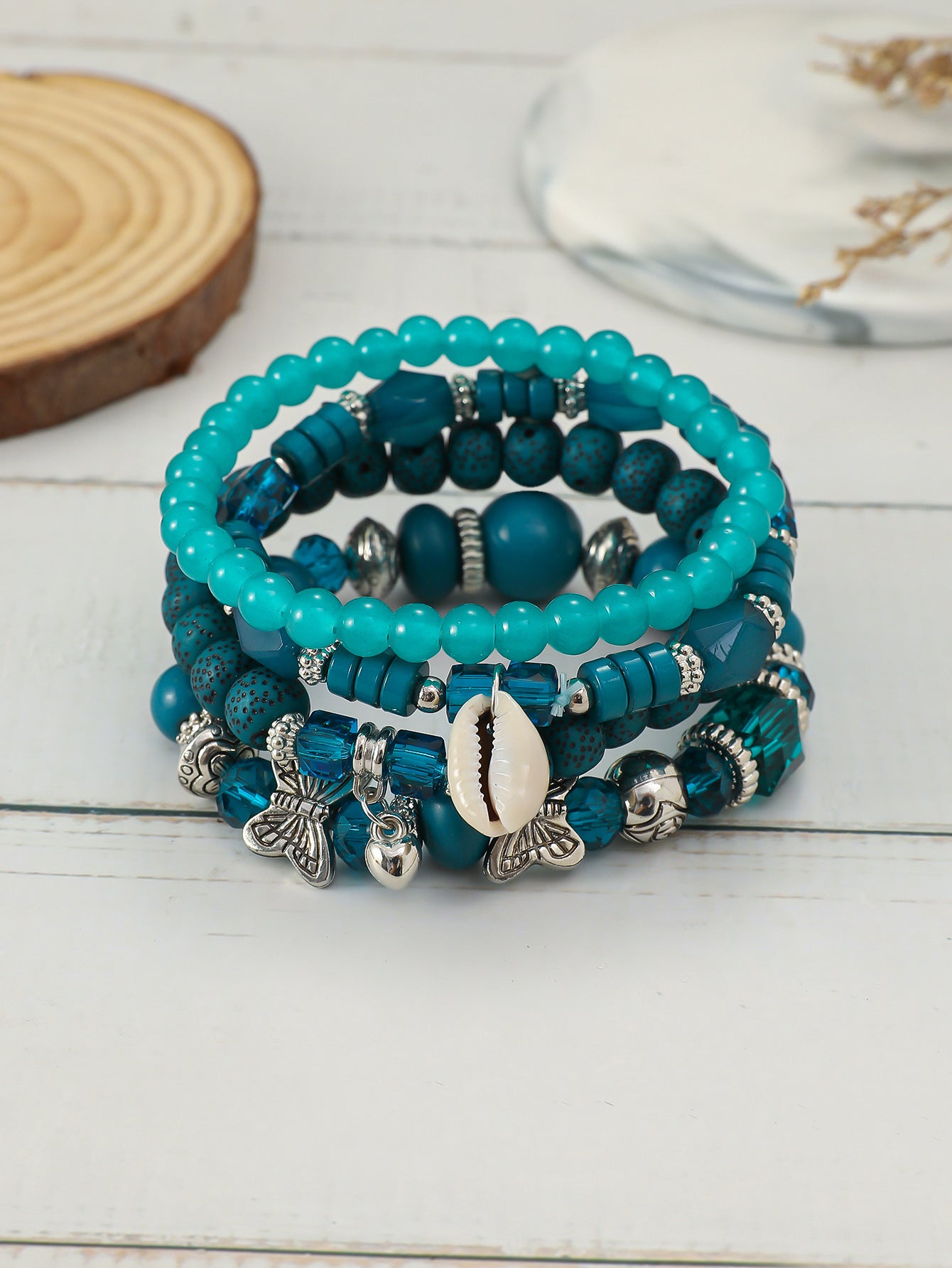 Stackable Leaf Charm Beaded Bracelet - Mixed · Design 25