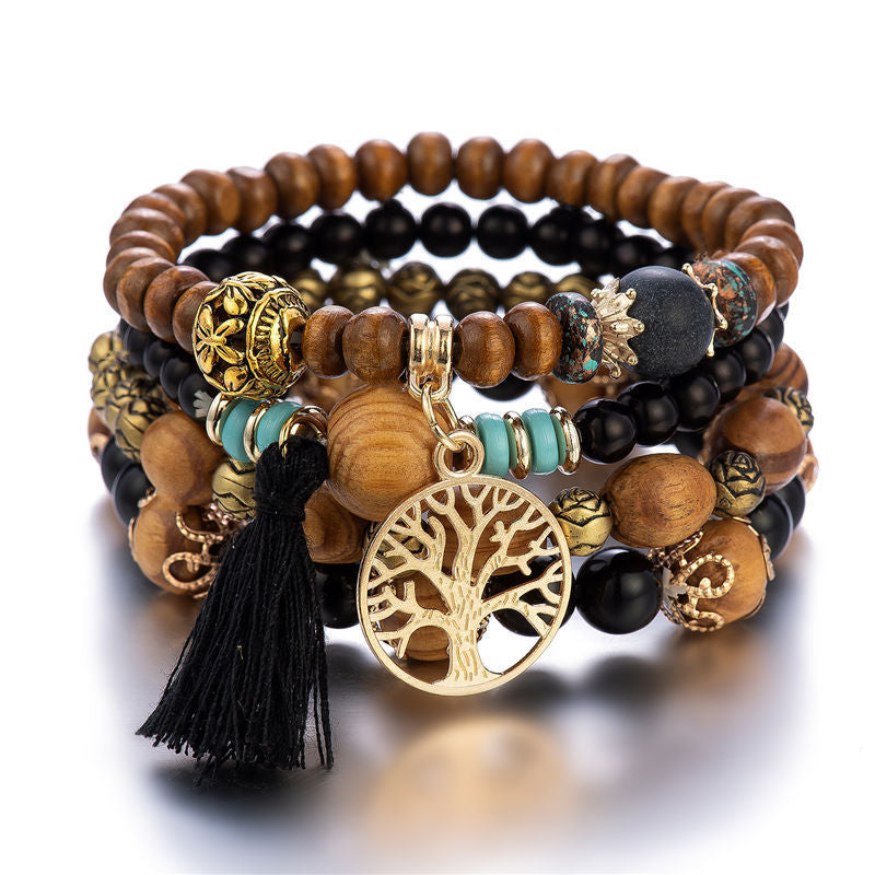Stackable Leaf Charm Beaded Bracelet - Black · Design 04