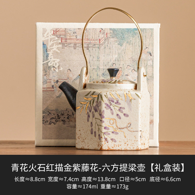 Blue-and-White Gilded Wisteria Teapot Collection - Six-Sided Handle - Gift Box