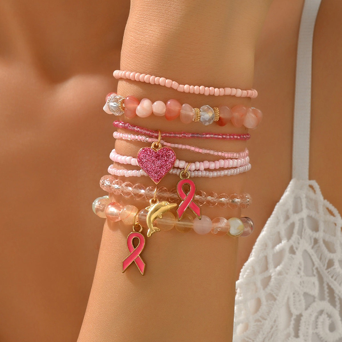 Stackable Leaf Charm Beaded Bracelet - Mixed · Design 27