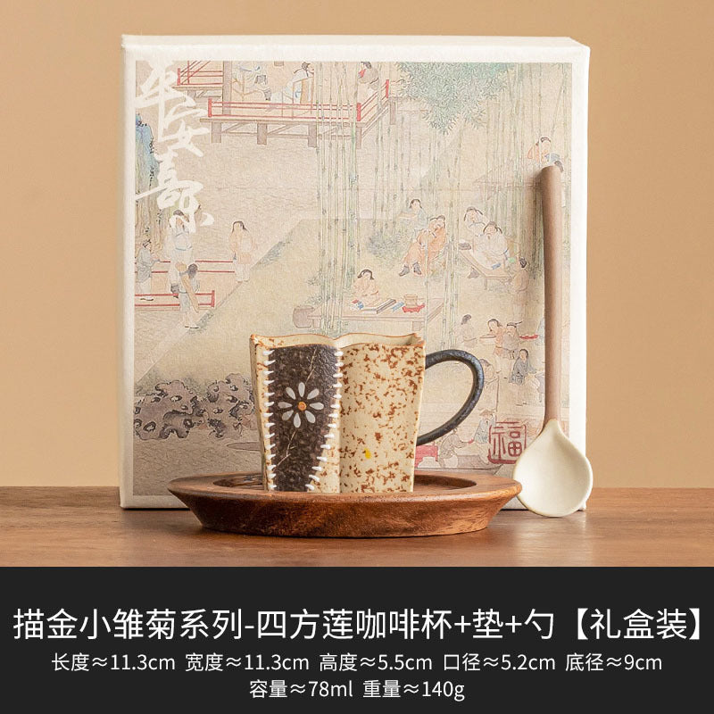 Blue-and-White Gilded Daisy Espresso Cup - Cup with Walnut Plate & Clay Spoon - Gift Box