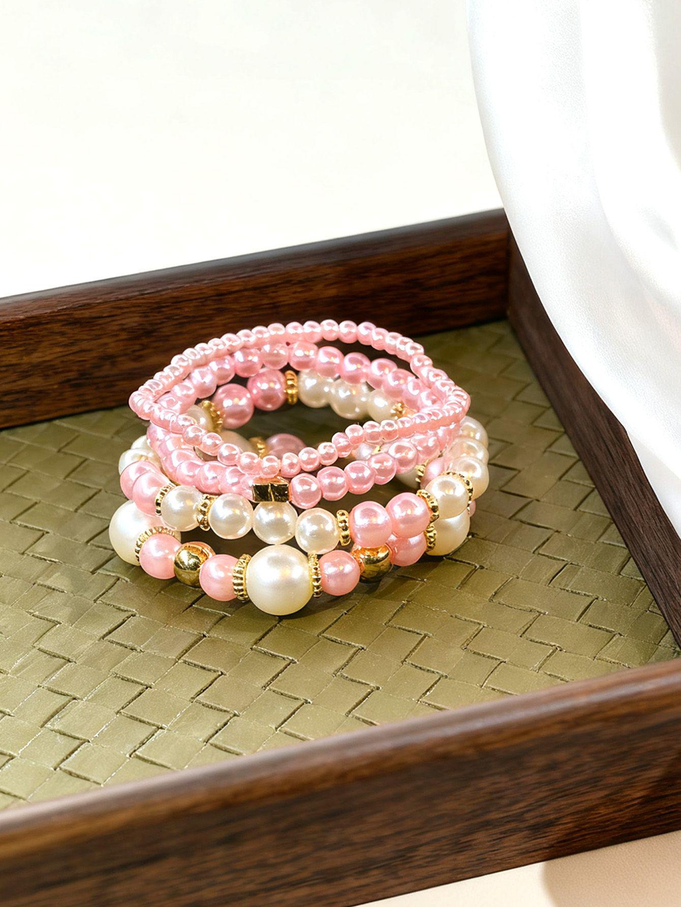 Stackable Leaf Charm Beaded Bracelet - Pink · Design 02