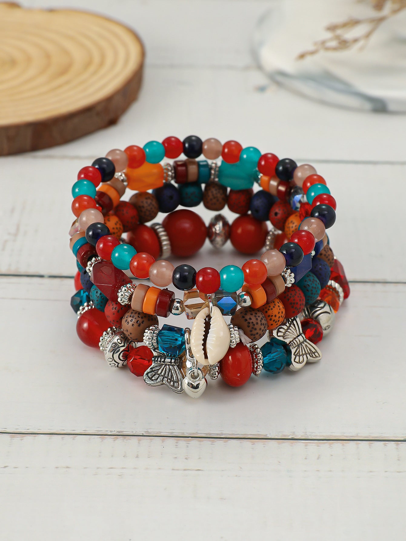 Stackable Leaf Charm Beaded Bracelet - Mixed · Design 24