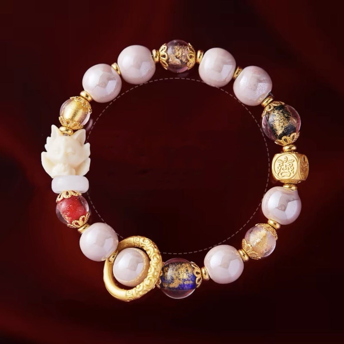 Nine-Tailed Fox Blessing Bracelet - Gold-Leafed Glass Pink Porcelain Little Fox Bracelet