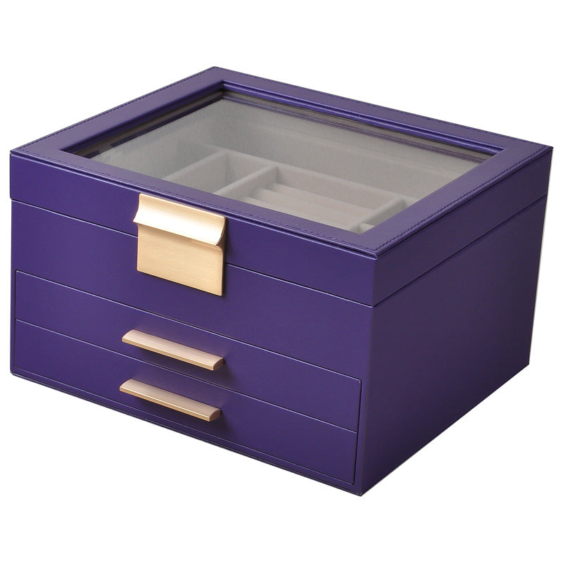 Three-Layer PU Window Jewelry Box - Purple