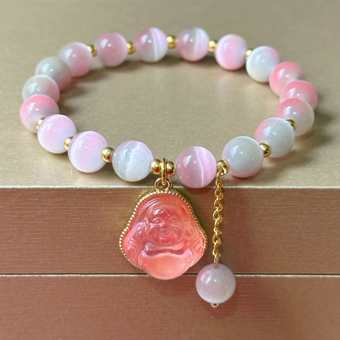 Nine-Tailed Fox Blessing Bracelet - Pink & White Cat's-Eye Bead Bracelet