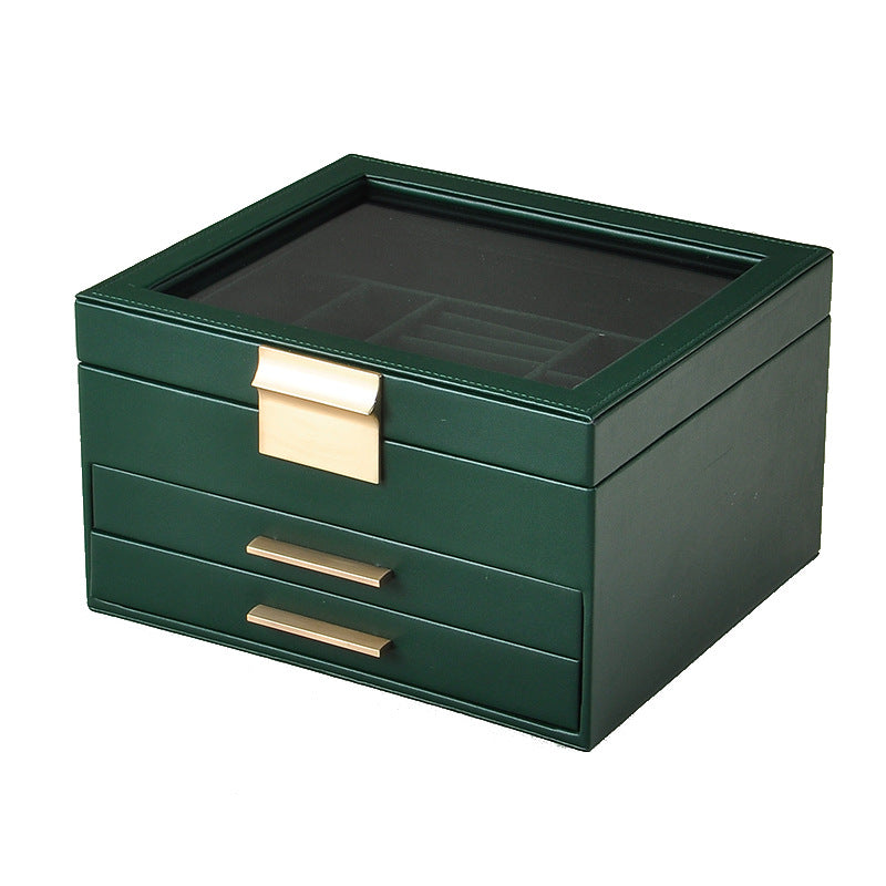 Three-Layer PU Window Jewelry Box - Dark Green