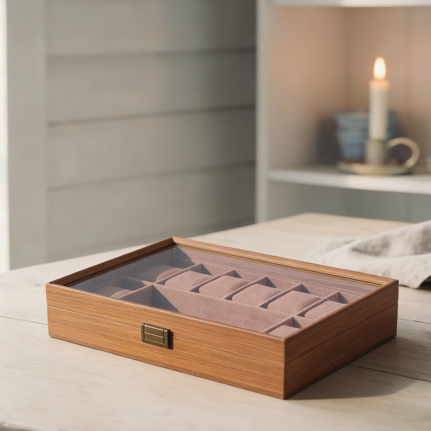 Wood-Grain Watch & Jewelry Display Box - 6 Slot + 3 Pouches