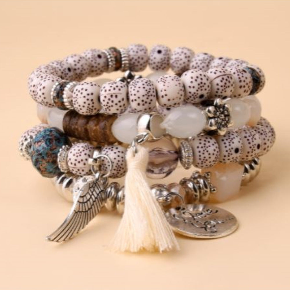 Stackable Leaf Charm Beaded Bracelet - Beige · Design 01