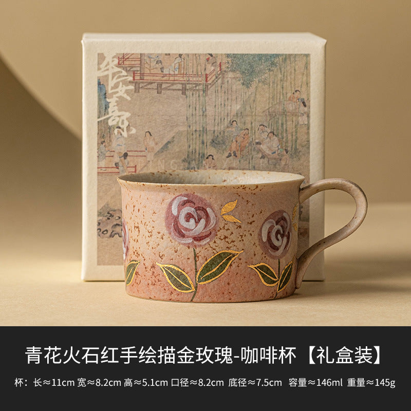 Hand-Painted Rose Ceramic Coffee Cup - Blue and White with Flint Red Hand-painted Gold Roses Coffee Cup