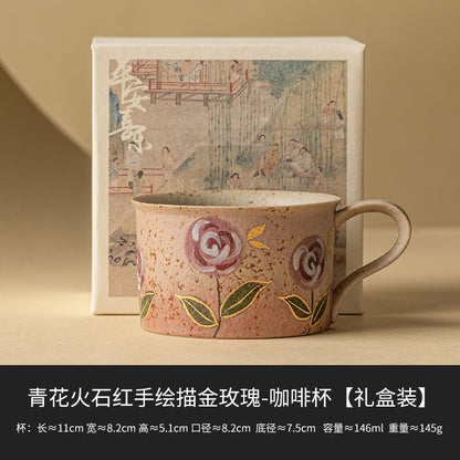 Hand-Painted Rose Ceramic Coffee Cup - Blue and White with Flint Red Hand-painted Gold Roses Coffee Cup