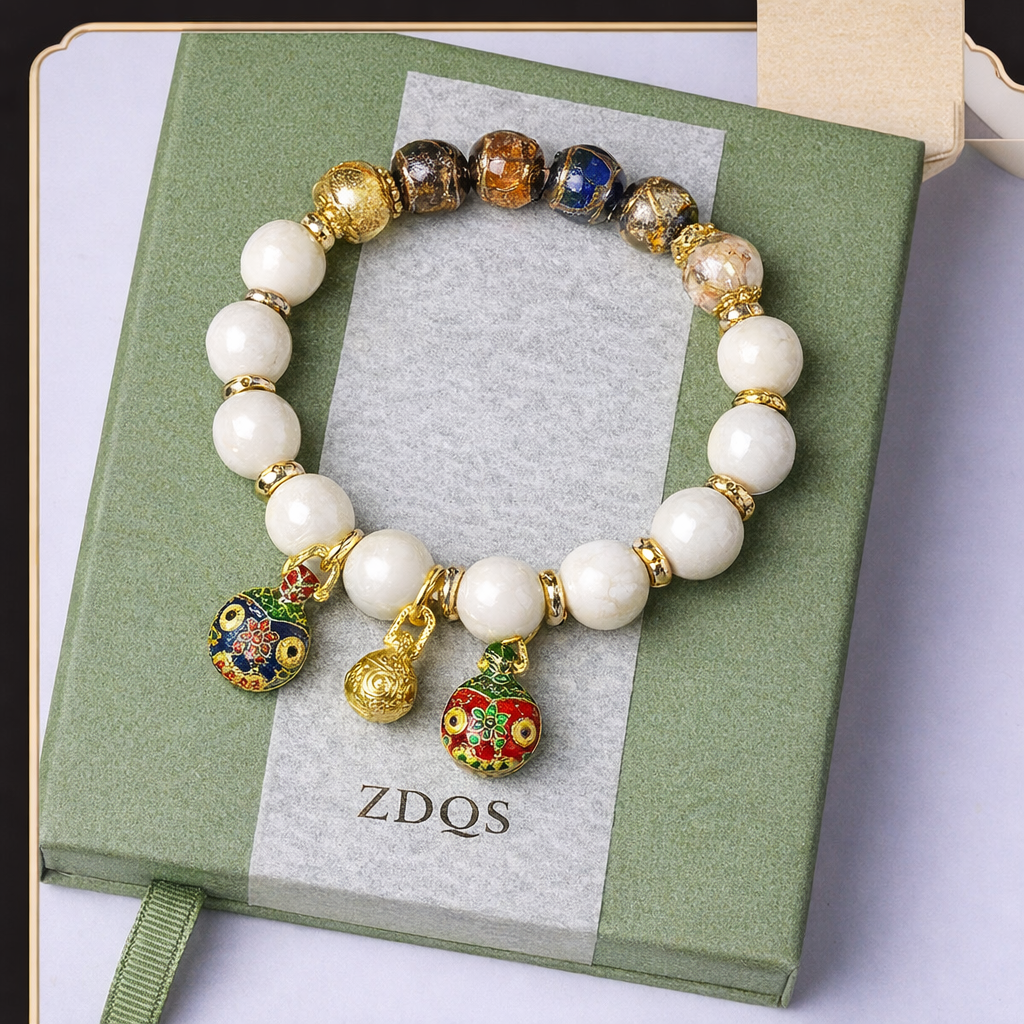 Incense Ash Glass Bead Bracelet - Ash White Porcelain · Golden Beast Motif · 10 mm