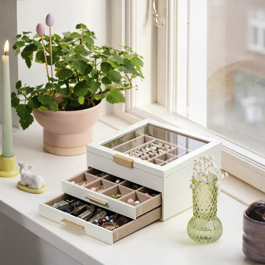 Cross-Border PU Three-layer jewelry storage box with window, necklace, earrings, ear accessories, exquisite jewelry box, gold drawer jewelry box（改）