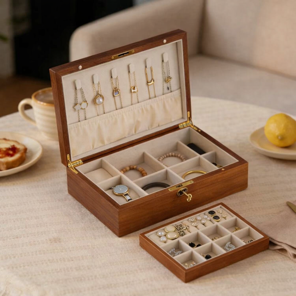 Solid Wood Jewelry Box - Large · Double-Layer