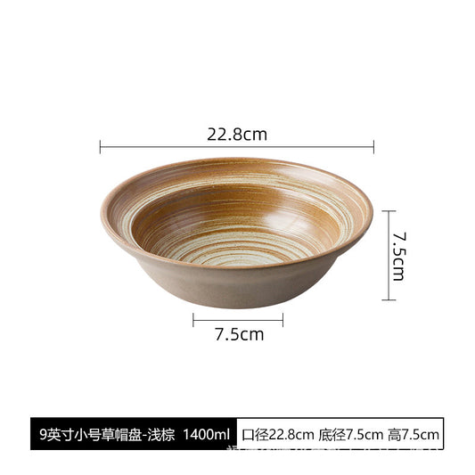 Rustic Straw-Hat Ceramic Tableware - 9-inch Straw-Hat Plate - Light Brown