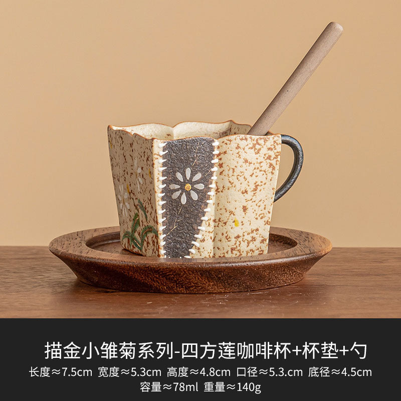 Blue-and-White Gilded Daisy Espresso Cup - Cup with Walnut Plate & Clay Spoon - Standard Package