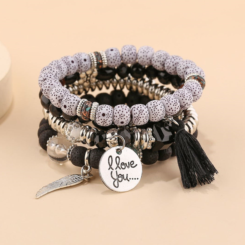 Stackable Leaf Charm Beaded Bracelet - Black · Design 01