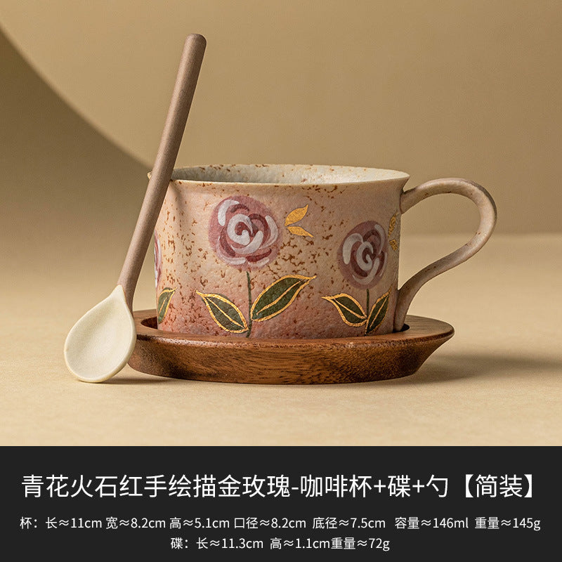 Hand-Painted Rose Ceramic Coffee Cup - Blue and White with Flint Red Hand-painted Gold Roses Coffee Cup + Walnut Wood P