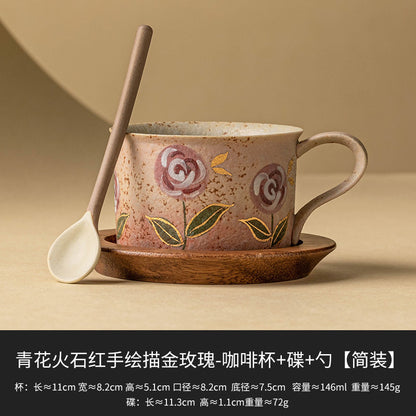 Hand-Painted Rose Ceramic Coffee Cup - Blue and White with Flint Red Hand-painted Gold Roses Coffee Cup + Walnut Wood P