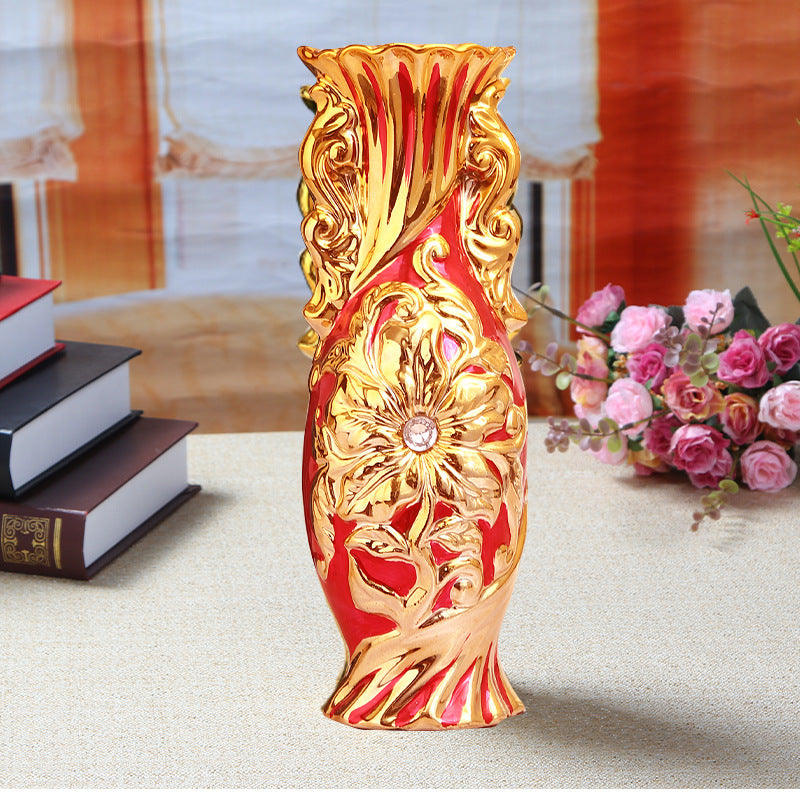 Sculptural Gold Ceramic Vase - Red · Design 02 · 29 cm