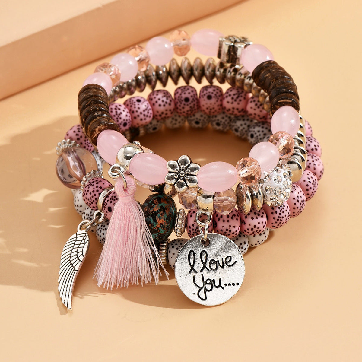 Stackable Leaf Charm Beaded Bracelet - Pink · Design 01