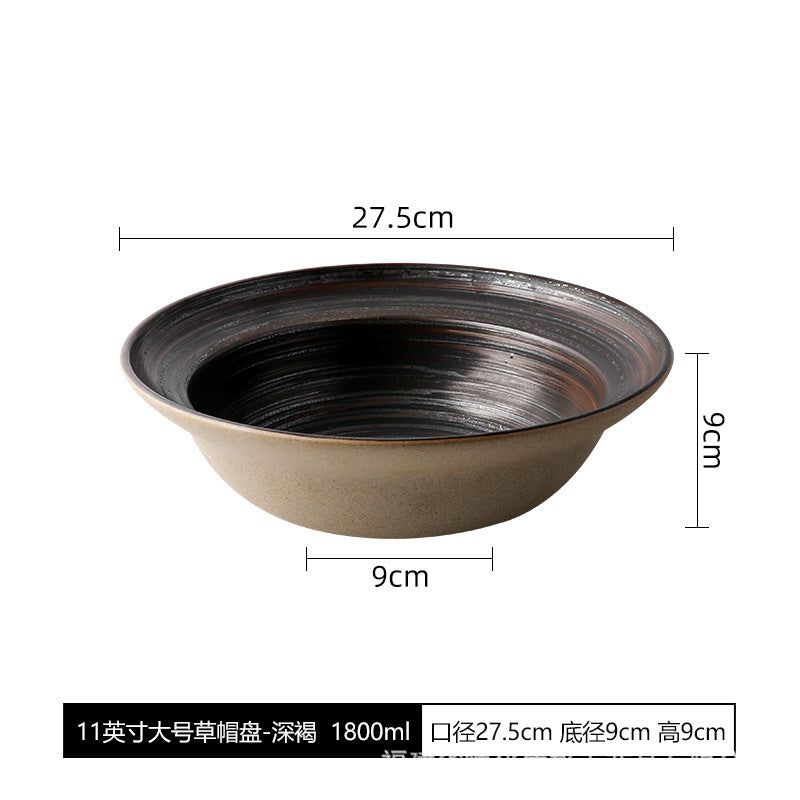 Rustic Straw-Hat Ceramic Tableware - 11-inch Straw-Hat Tray - Dark Brown