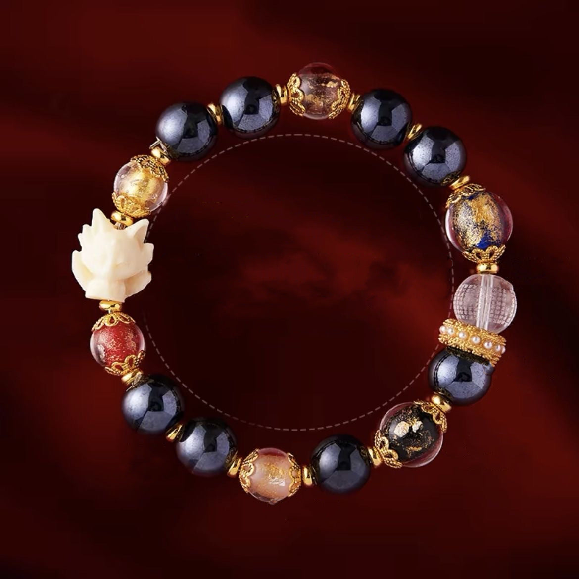Nine-Tailed Fox Blessing Bracelet - Gold-Leafed Glass Black Porcelain Little Fox Bracelet