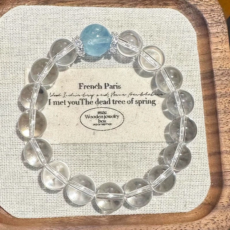 Nine-Tailed Fox Blessing Bracelet - 10 mm White Crystal & Aquamarine-Tone Bracelet