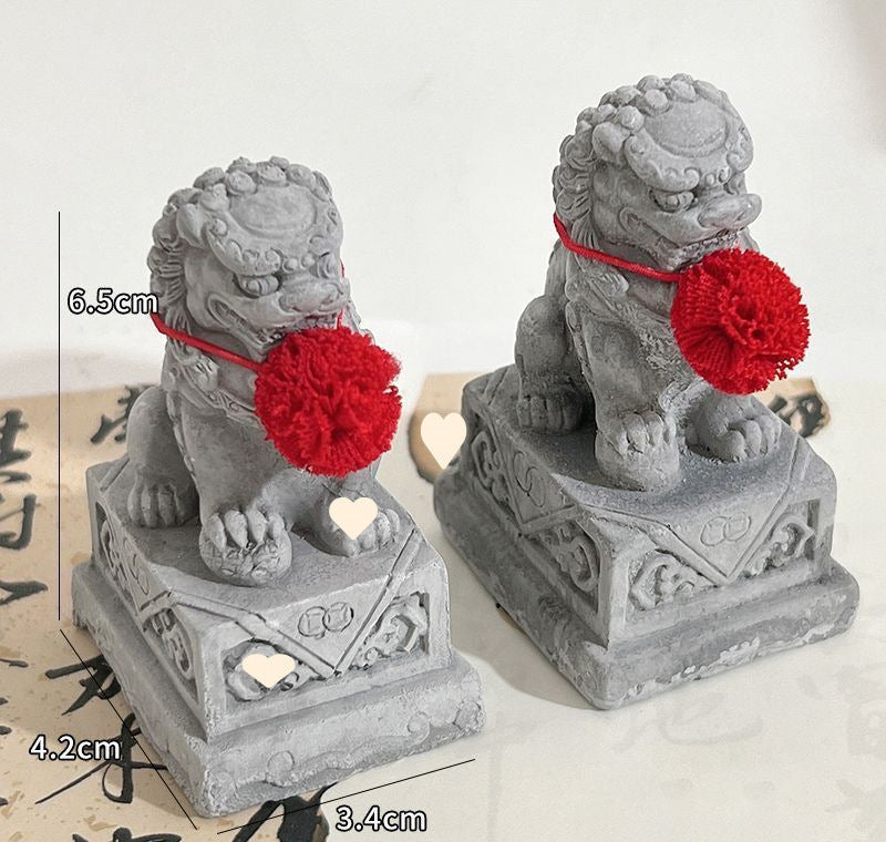 Mini Stone Lion Ornament Set - Gray Lion Pair with Flower Ball