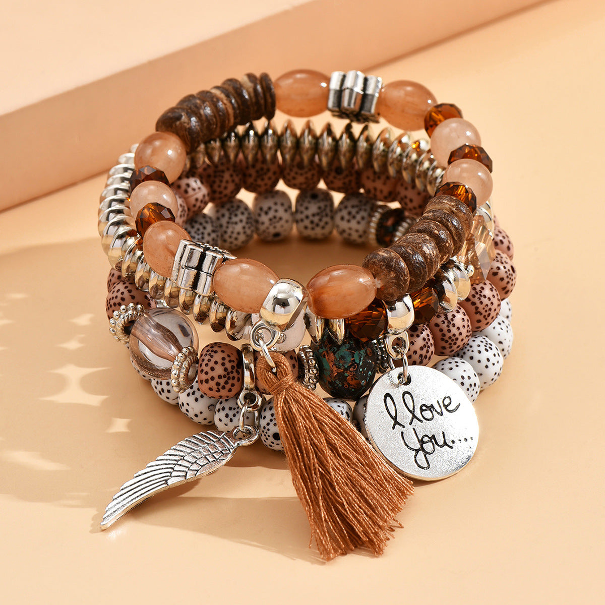 Stackable Leaf Charm Beaded Bracelet - Coffee · Standard