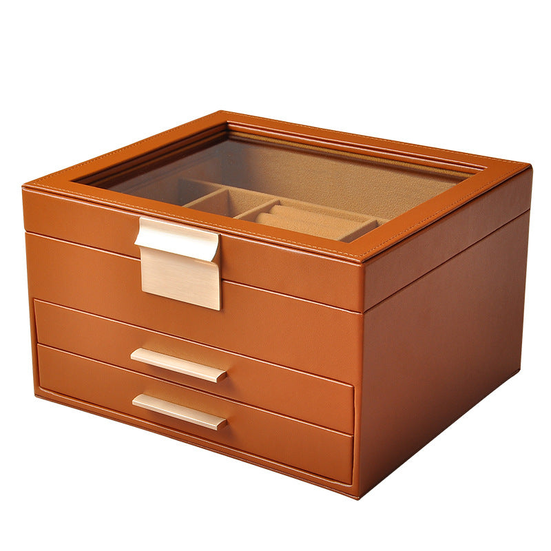 Three-Layer PU Window Jewelry Box - Maillard Brown