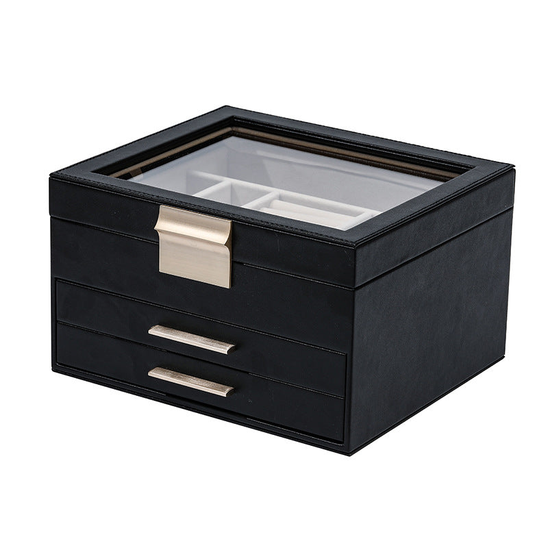 Three-Layer PU Window Jewelry Box - Black