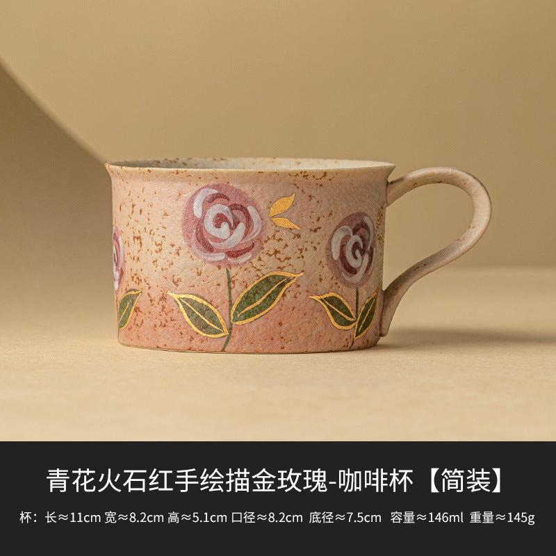 Hand-Painted Rose Ceramic Coffee Cup - Blue and White with Flint Red Hand-painted Gold Roses Coffee Cup