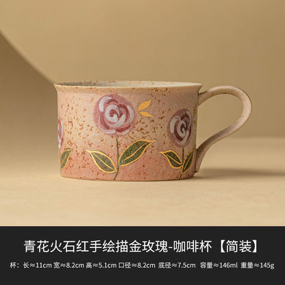 Hand-Painted Rose Ceramic Coffee Cup - Blue and White with Flint Red Hand-painted Gold Roses Coffee Cup