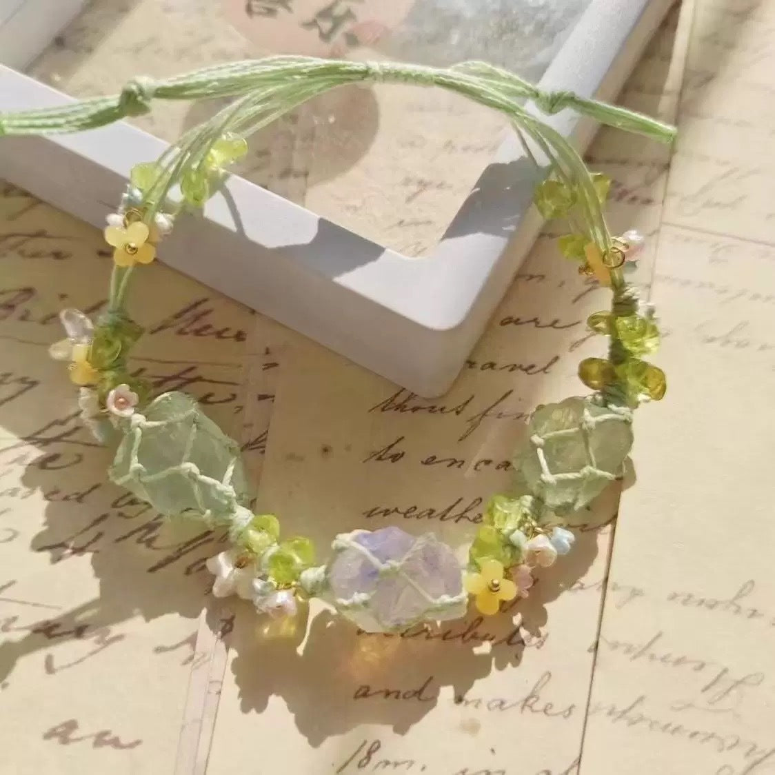 Monet Garden Woven Bracelet - Green Flowers