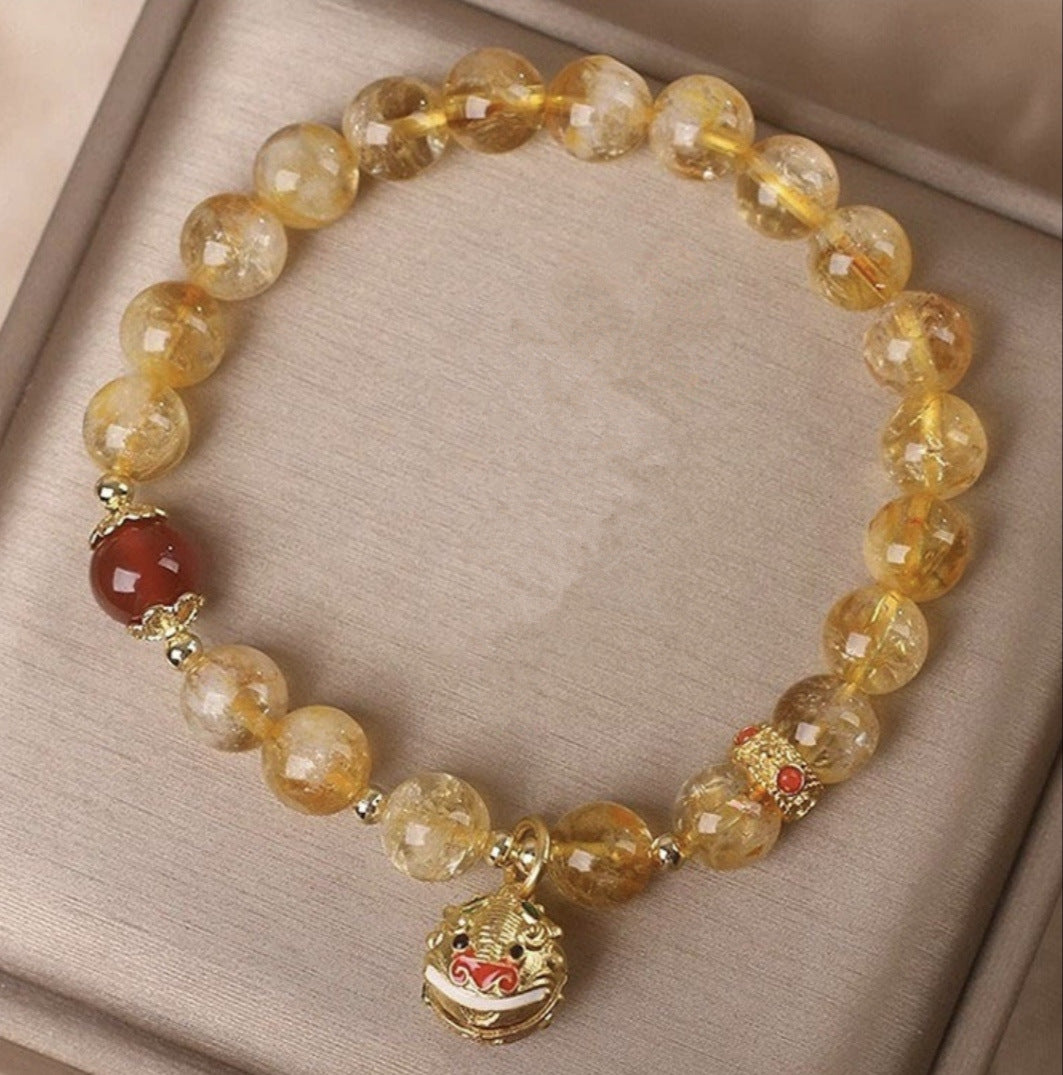 Nine-Tailed Fox Blessing Bracelet - Citrine-Tone Lion Dance Bell