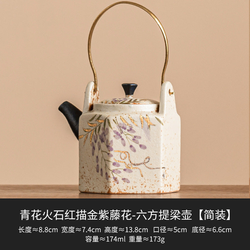 Blue-and-White Gilded Wisteria Teapot Collection - Six-Sided Handle - Standard Package