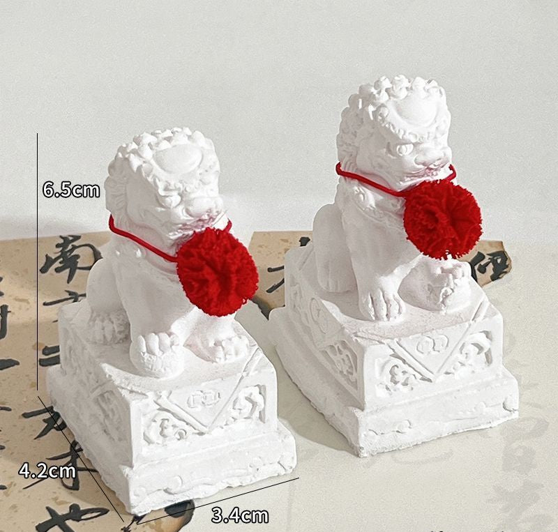 Mini Stone Lion Ornament Set - White Lion Pair with Flower Ball