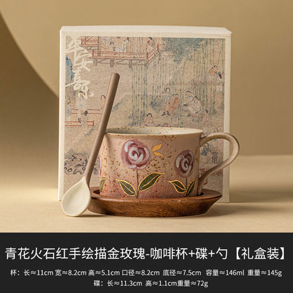 Hand-Painted Rose Ceramic Coffee Cup - Blue and White with Flint Red Hand-painted Gold Roses Coffee Cup + Walnut Wood P