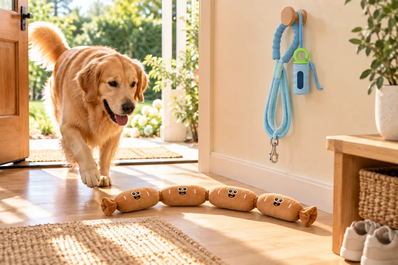 Staged lifestyle illustration of a golden retriever, sky-blue leash, blue and green waste-bag holder, and four-link plush sausage toy.