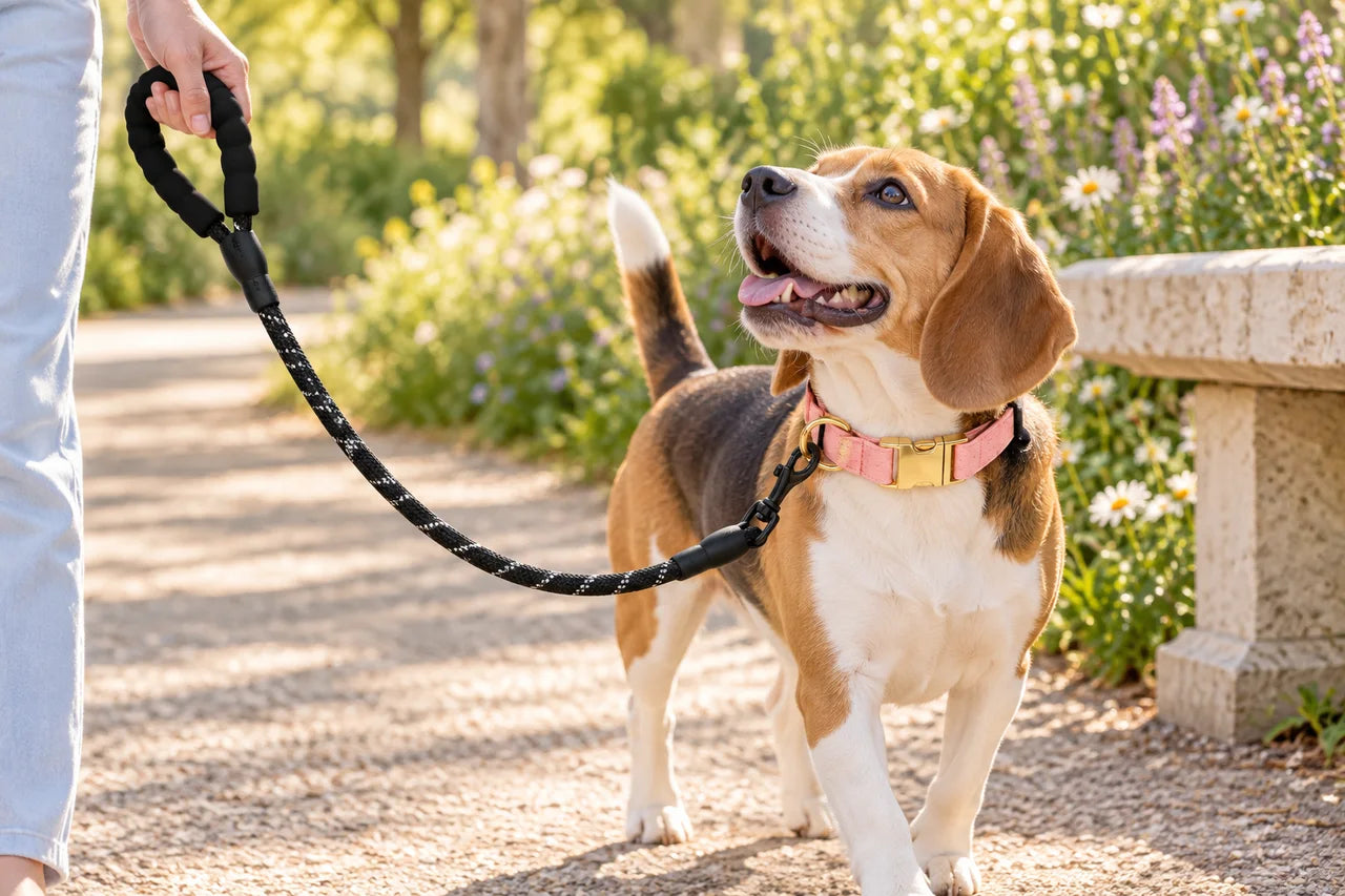 Staged lifestyle illustration of a beagle wearing a pink gold-buckle collar attached to a black reflective rope leash.