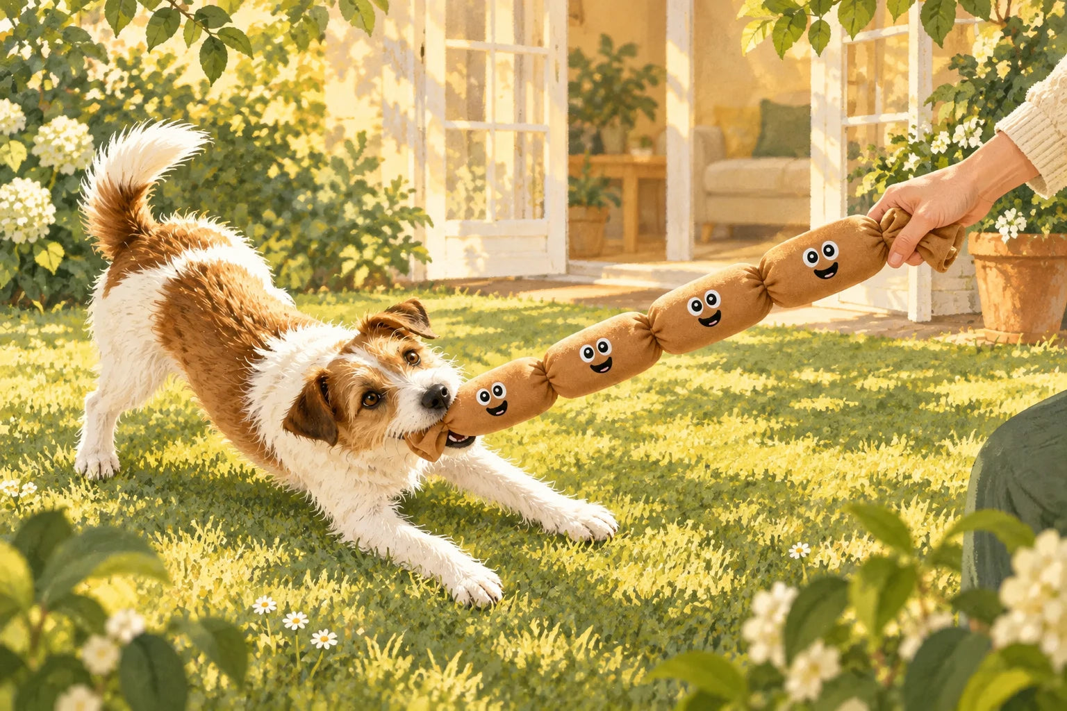 Gemalte Gartenszene: Ein Hund und sein Mensch spielen mit einer Spielzeugkette aus vier Würstchen.